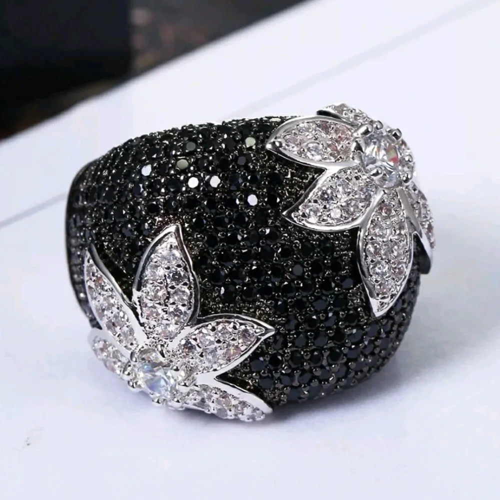 Black Pavé Flower Cocktail Ring with White Crystal Accents